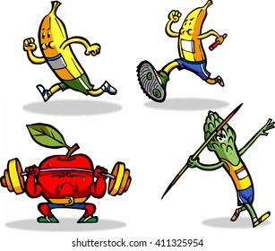 illustration depicting some fruits and vegetables that play sports.
the banana runs and plays Relay, apple exercises to weight lifting and the asparagus spear the javelin.