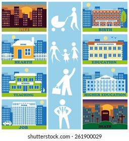 illustration depicting the stages of human life and buildings - Calendar