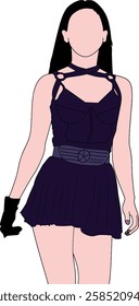 Illustration depicting a stylish woman in a detailed purple outfit,focusing on modern fashion.Captures a faceless portrait with a detailed dress and accessories,emphasizing contemporary fashion design