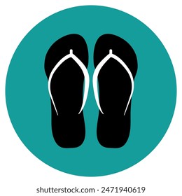 
Illustration depicting summer beach flip-flops in black, in a green circle on a white background