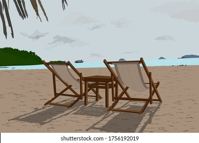 An illustration depicting sun loungers and a table between them on a beach in Thailand.