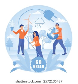 Illustration depicting sustainable practices with renewable energy. Environmentally friendly activities and environmental conservation. Green and sustainable environment concept.