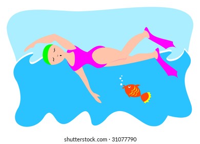 Illustration depicting a swimmer in water, engaged in her sport