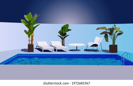 illustration depicting a swimming pool and surrounding interior to advertise outdoor activities and relaxation and for wall decoration