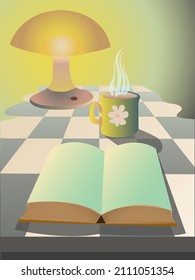 illustration depicting a table lamp, a mug of tea and a book on a table in evening shades, for prints on postcards, banners and for interior design
