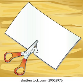 Illustration depicting a table on which are supported scissors and cut a sheet of paper