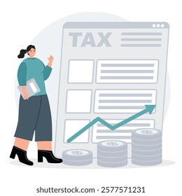 Illustration depicting tax-related content with a person and financial growth symbol. Represents themes of tax management, growth, and financial prosperity with an upward trend arrow.