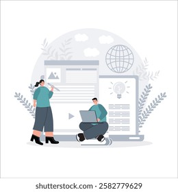 Illustration depicting teamwork and content creation with elements of technology, innovation, and global communication, showcasing individuals working together on creative.