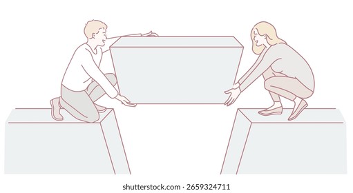 Una ilustración que representa el trabajo en equipo, mostrando a dos individuos trabajando juntos para posicionar un bloque de manera efectiva