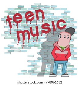 
illustration depicting a teenager in headphones near a brick wall with the inscription "youth music"
