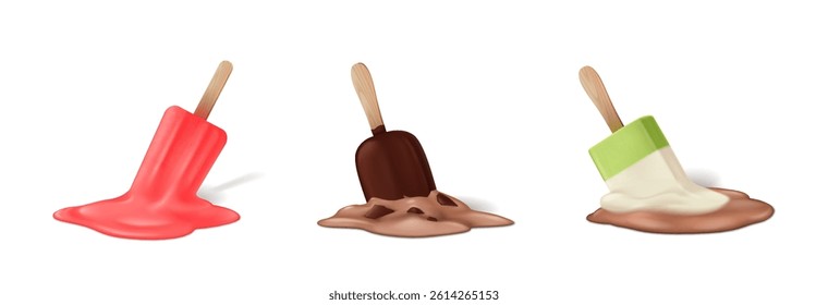 Illustration depicting three melting ice cream bars in different flavors and colors on a white background. The image demonstrates the concept of summer heat and its effect on frozen treats.