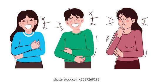 An illustration depicting three people showing different responses to a joke a woman laughing heartily a man chuckling and another woman appearing embarrassed or uncomfortable.