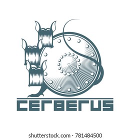 


Illustration depicting a three-headed dog in the background of a shield in the form of a logotype