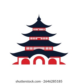 Illustration depicting a three-tiered pagoda with stylized Japanese architecture, rendered in dark blue and red. Features a bridge element in the foreground.