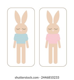 Illustration depicting two bunnies in knitted sweaters, pink and blue, framed on a white background. Suitable for gender parties