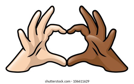 An illustration depicting two cartoon hands of different skin colors forming a heart. Eps 10 Vector.