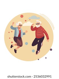 Illustration depicting two cheerful elderly people, a man and a woman, joyfully dancing in the air on a round colorful background, symbolizing vitality, energy and a positive outlook on aging.