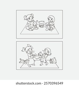 Illustration depicting two children joyfully playing together transitioning to a disagreement over toys. Can be used to explore social interactions, emotions, and childhood behavior in a playful conte