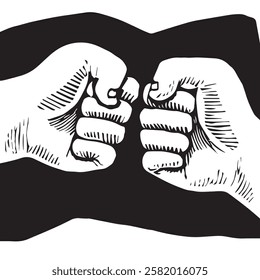 An illustration depicting two clenched fists facing each other against a contrasting background. The hands are drawn with detailed lines, emphasizing strength and determination.
