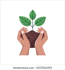 An illustration depicting two hands gently cradling a small plant growing in soil. The minimalist design shows caring hands holding dark brown earth from which emerges a young green plant with three 