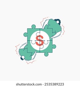 Ilustración que representa a dos personas completando un rompecabezas en forma de signo de dólar, lo que significa colaboración hacia el éxito financiero.