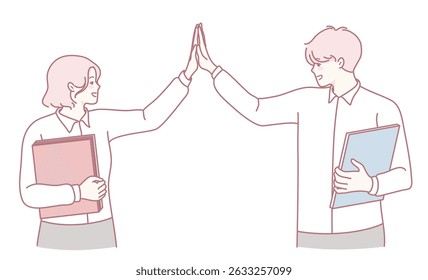 Uma ilustração retratando dois profissionais comemorando alegremente seu trabalho em equipe com um gesto entusiasmado de cinco altas