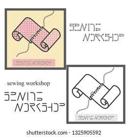 illustration depicting two stitched pieces of fabric in the form of a symbol or logo and text "sheving workshop "