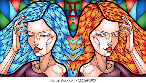 an illustration depicting two twin girls executed in the style of Stained Glass, personifies the sign of the zodiac Gemini