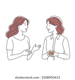 Ilustración que muestra a dos mujeres conversando, mostrando un intercambio amigable e interactivo de ideas garabatear Ilustración vectorial de arte lineal continuo