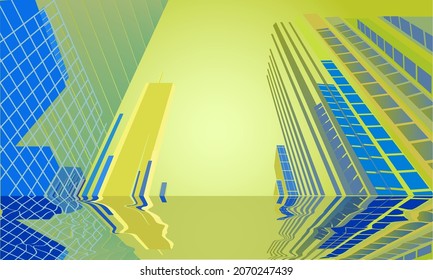 illustration depicting an urban background in yellow and blue tones for printing on banners, postcards, flyers, as well as for decorating interiors in an urban style