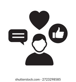 Uma ilustração que representa um usuário cercado por ícones de mídias sociais para curtidas, comentários e um coração, simbolizando o engajamento e o feedback on-line.
