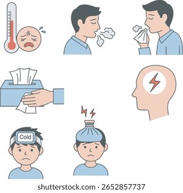 Ilustração mostrando vários sintomas de resfriado e gripe, incluindo febre, tosse, espirros, dor de cabeça e calafrios.