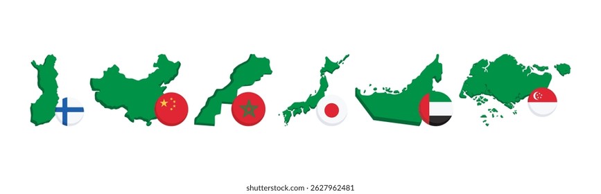 Ilustração que retrata várias fronteiras entre países com as respectivas bandeiras nacionais, mostrando diversidade.