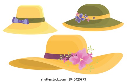 Illustration depicting various designs of womens hats. Women's hats with decor isolated on white background. Summer hats in vector.