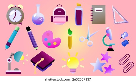 Ilustração mostrando vários itens relacionados à educação, incluindo artigos de papelaria, ferramentas e símbolos dentro de um design vibrante e envolvente que destaca o aprendizado e a criatividade, adequado para voltar à escola.