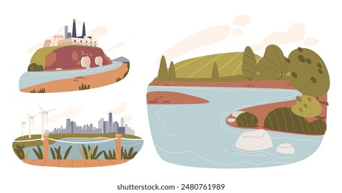 Ilustración Que Representa Diversos Entornos, Incluyendo Industrial, Configuraciones Urbanas Y Naturales, Imagen De Vector