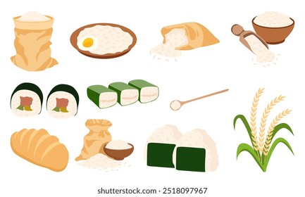 An illustration depicting various forms of rice, from raw grains to prepared dishes like sushi and rice balls.