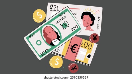 illustration depicting various money and payment methods, including cash, credit cards, digital wallets, and online transactions, symbolizing the diversity of financial transactions