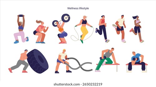 An illustration depicting various people engaging in diverse physical activities and exercises, symbolizing a healthy and active wellness lifestyle.