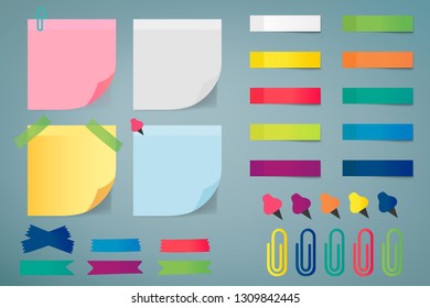 Illustration depicting various sheets for notes, fixed with drawing pins or staples.Vector.