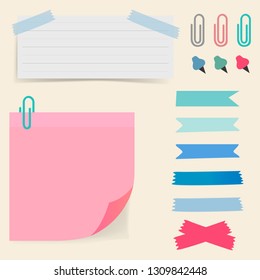 Illustration depicting various sheets for notes, fixed with drawing pins or staples.Vector.