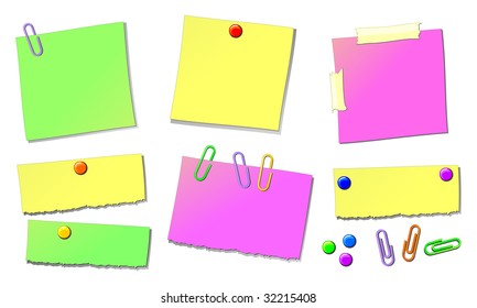 Illustration depicting various sheets for notes, fixed with drawing pins or staples
