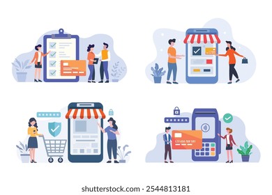 Uma ilustração que descreve várias etapas de compras on-line, desde o check-out até o processamento de pagamento seguro.