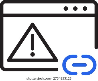 Ilustración que representa una ventana del navegador de Web que muestra una señal de advertencia, que indica un Enlace roto o No válido, con un ícono de cadena desconectado.