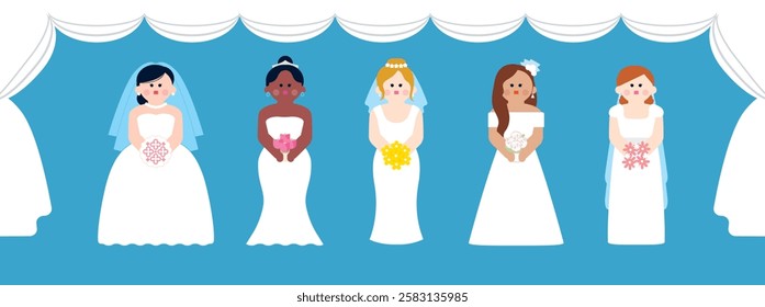 An illustration depicting wedding dress styles such as Mermaid, A-Line, Trumpet, Ball gown, Slip, and Tea-length