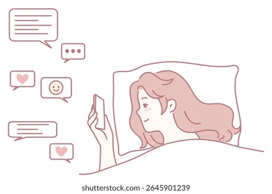 An illustration depicting a woman casually checking her messages on her phone while she relaxes comfortably in bed