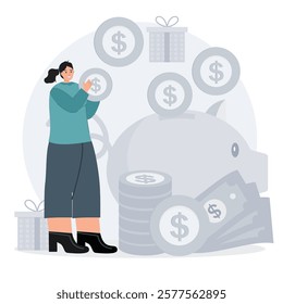 An illustration depicting a woman managing finances, with piggy bank, coins, and monetary symbols. This image represents savings, financial planning, and wealth accumulation in a clear vector style.