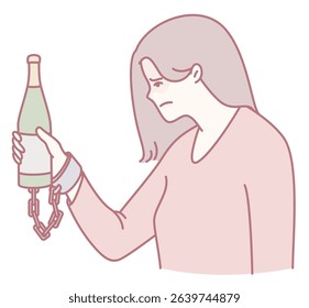 An illustration depicting a woman restrained by chains while holding a bottle, symbolizing addiction.