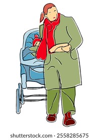 An illustration depicting a woman with a stroller carrying a baby. Sketch drawing isolated on white.