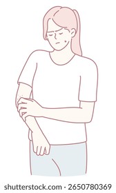 An illustration depicting a woman who is holding her arm in a way that suggests discomfort or deep concern